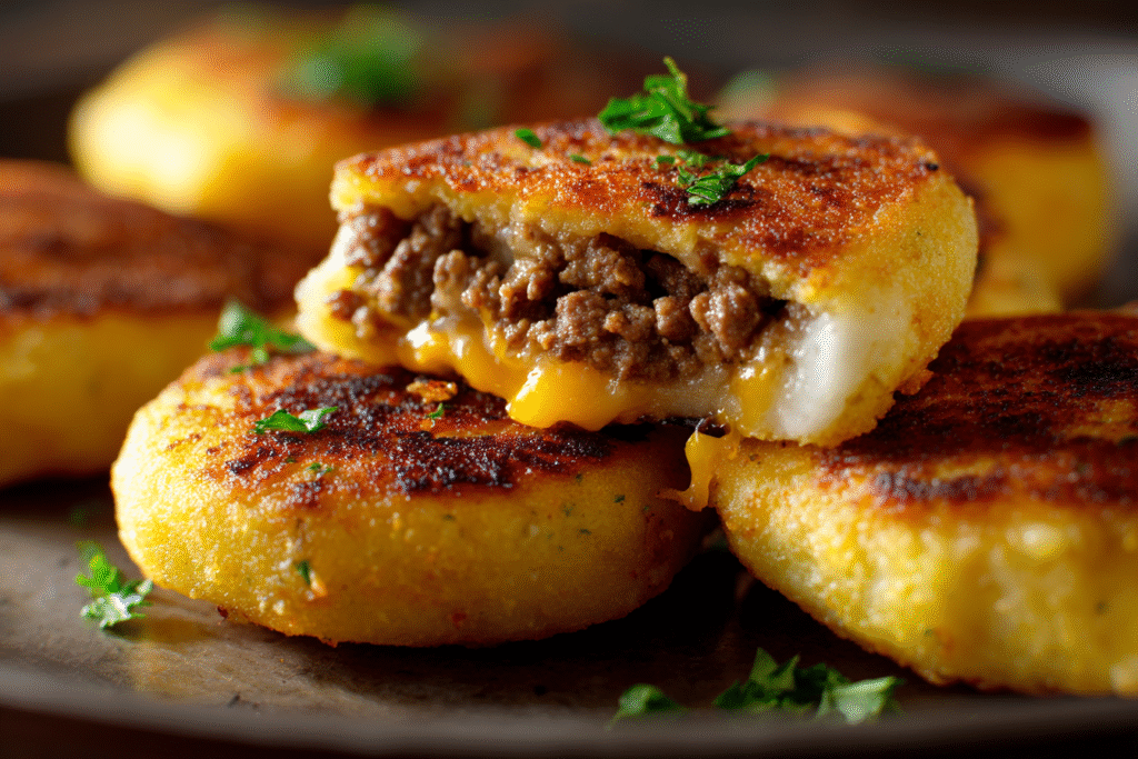Cheesy Beef-Stuffed Potato Cakes