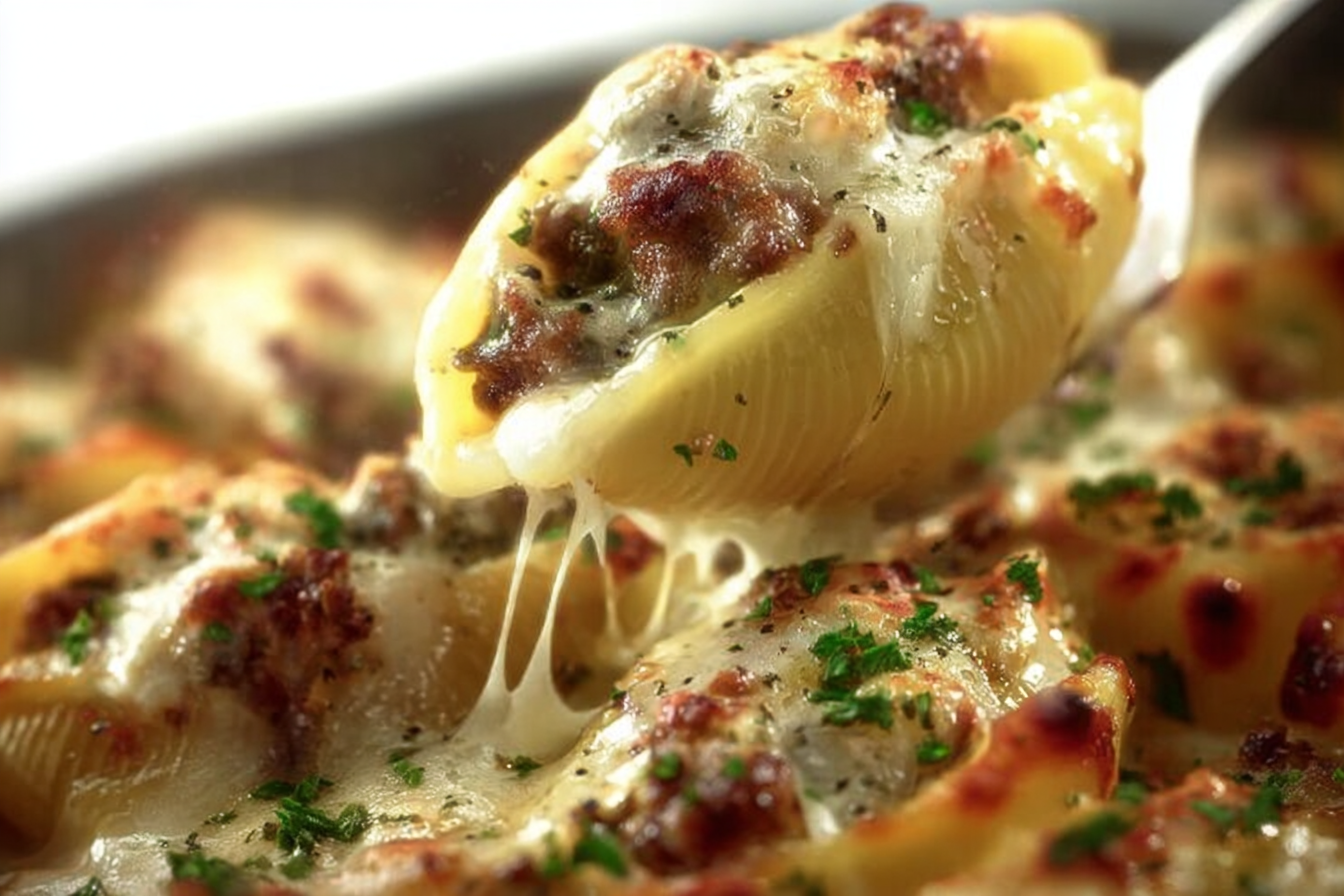 Cheesy Sausage Stuffed Shells with Cream Sauce