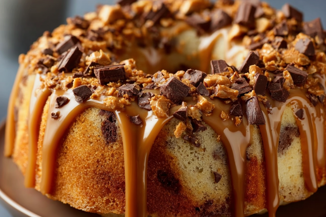 Marble Bundt Cake with Caramel Glaze & Chocolate Crunch