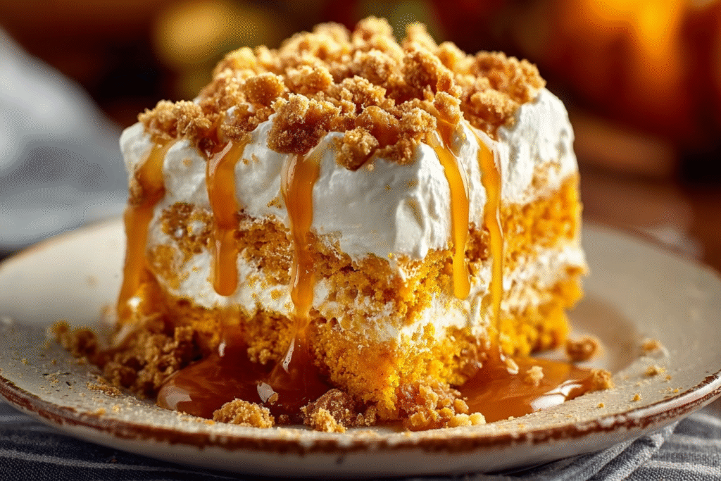 Pumpkin Crunch Cake with Whipped Cream & Caramel