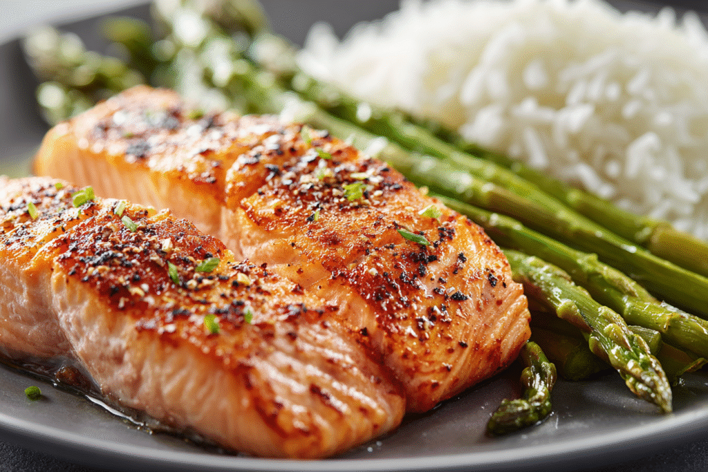 Baked Salmon with Asparagus and Steamed Rice