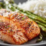 Baked Salmon with Asparagus and Steamed Rice
