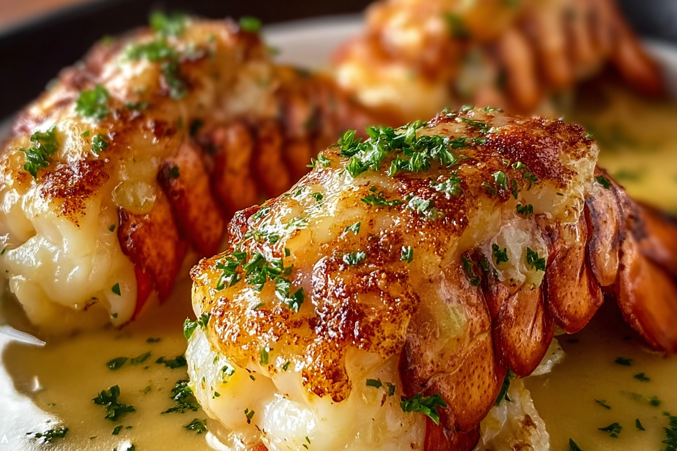 Broiled Lobster Tails with Garlic Butter Cream Sauce