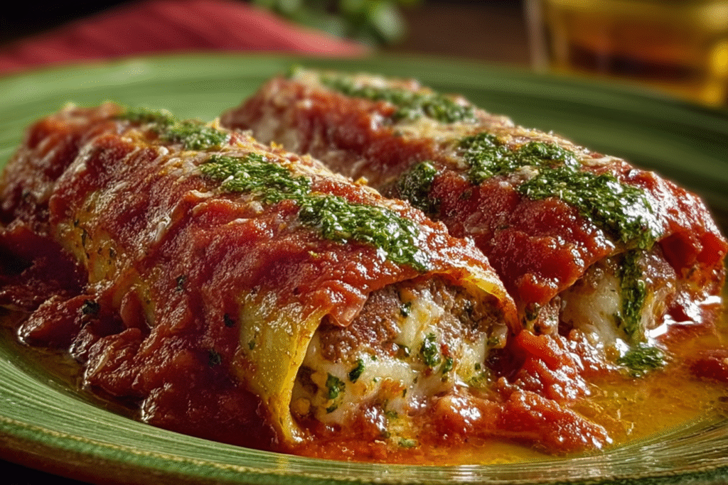 Cheesy Meat-Stuffed Cannelloni with Marinara and Pesto Drizzle