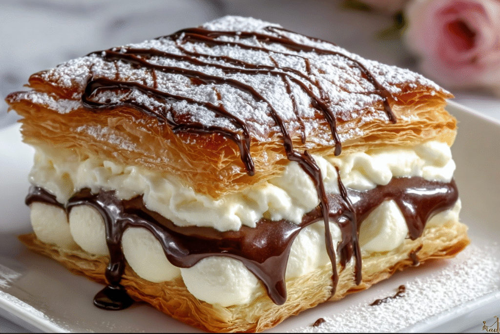 Chocolate Drizzled Cream Puff Pastry Slice