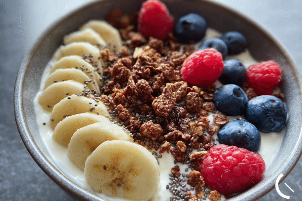 Creamy Yogurt Bowl with Banana, Berries & Cocoa Granola