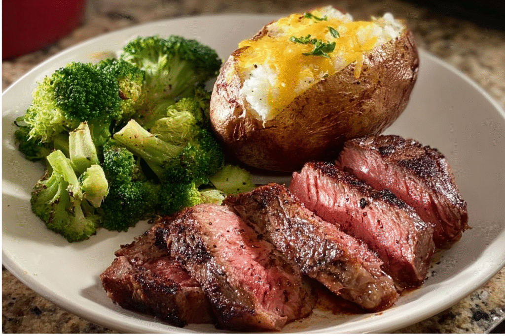 Garlic Butter Steak with Cheesy Baked Potato & Broccoli