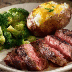Garlic Butter Steak with Cheesy Baked Potato & Broccoli