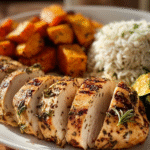 Herb-Grilled Chicken with Roasted Veggies & Rice