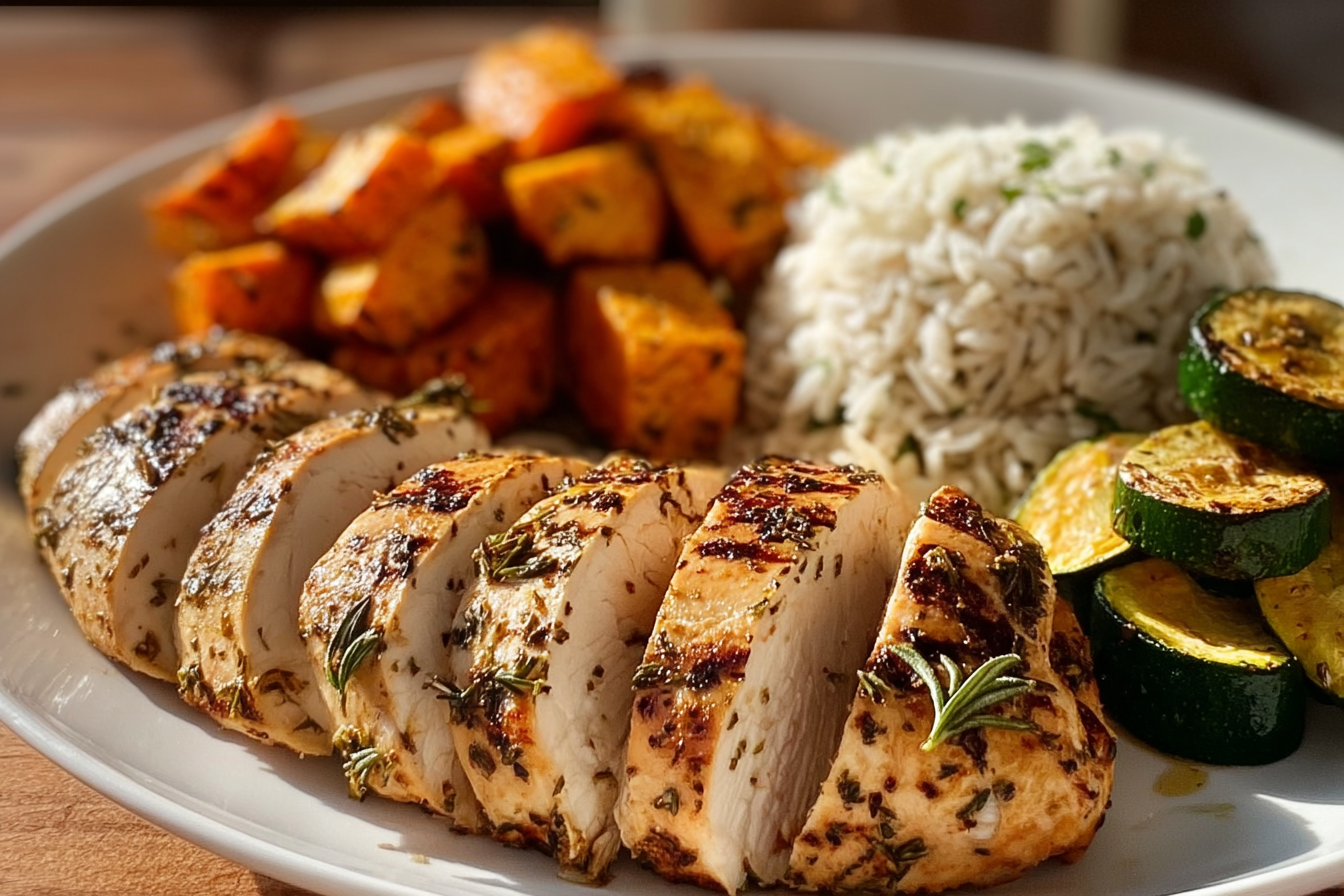 Herb-Grilled Chicken with Roasted Veggies & Rice
