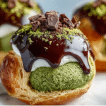 Matcha Cream Puffs with Chocolate Glaze