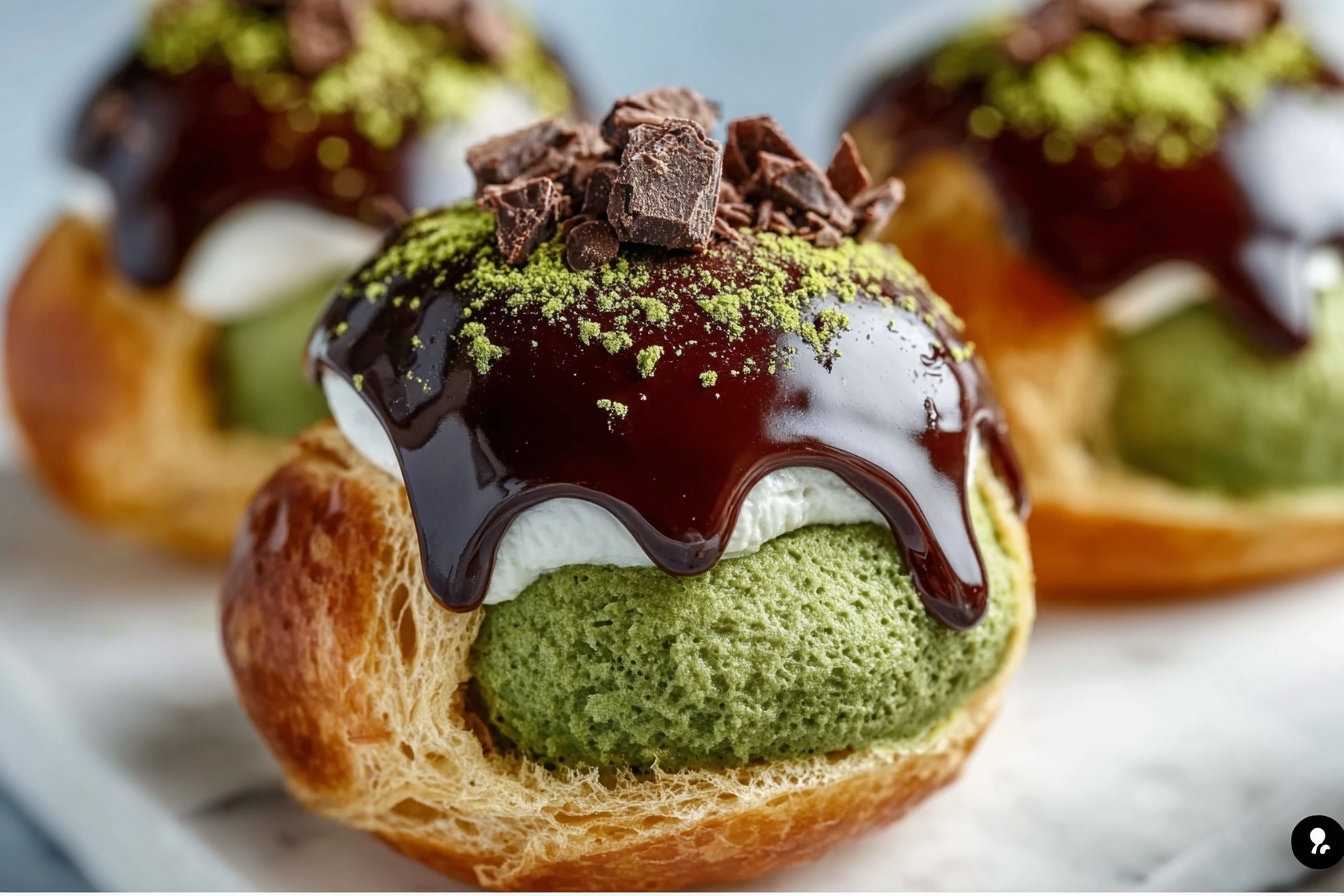 Matcha Cream Puffs with Chocolate Glaze