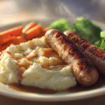 Sausages with Mashed Potatoes, Gravy, and Steamed Veggies