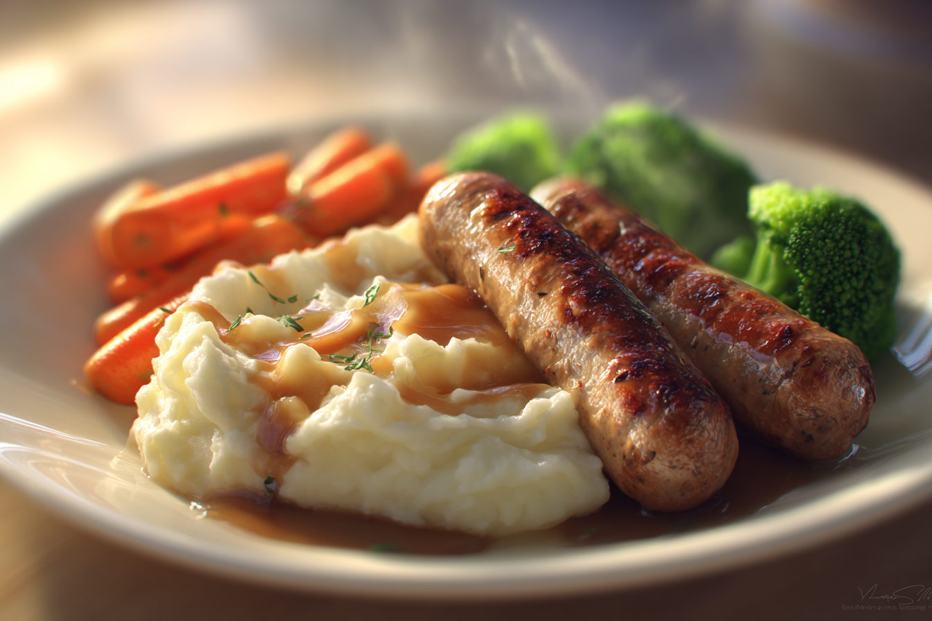 Sausages with Mashed Potatoes, Gravy, and Steamed Veggies