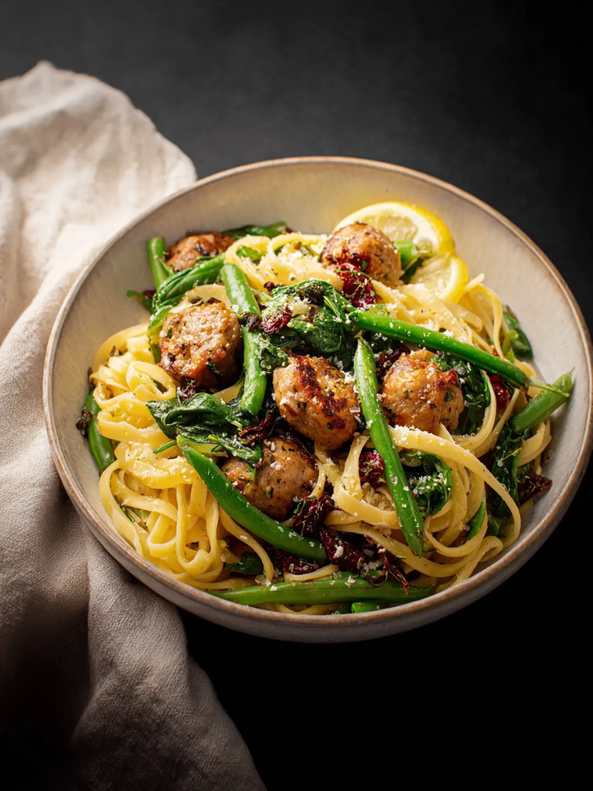 Chicken Sausage Pasta with Spinach, Lemon, and Green Beans First Image