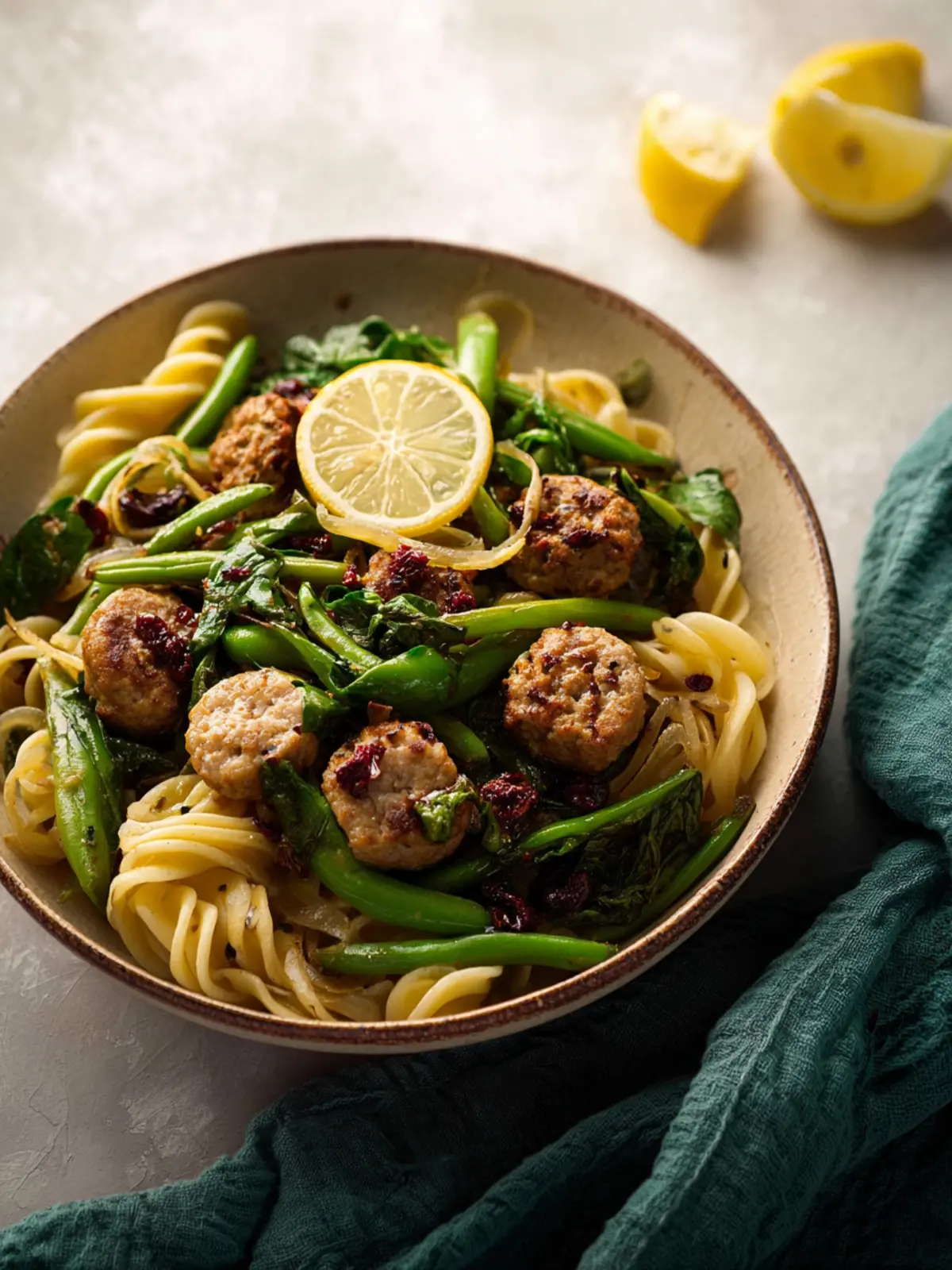 Chicken Sausage Pasta with Spinach Lemon and Green Beans Fourth Image ulmh8r